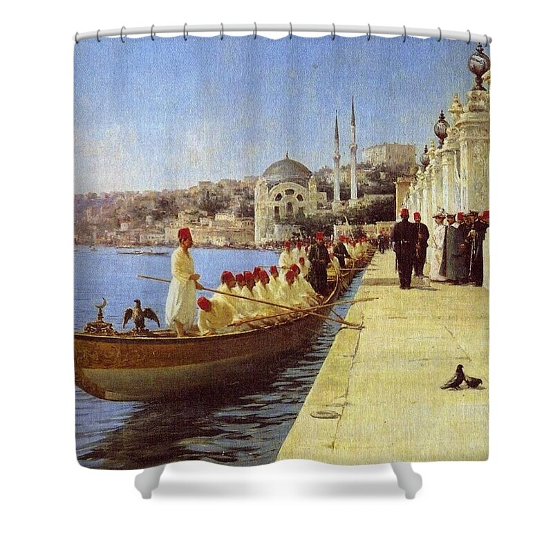 Fausto Zonaro Boats Of Tthe Sultan Shower Curtain featuring the painting Fausto Zonaro Boats by Eastern Accents