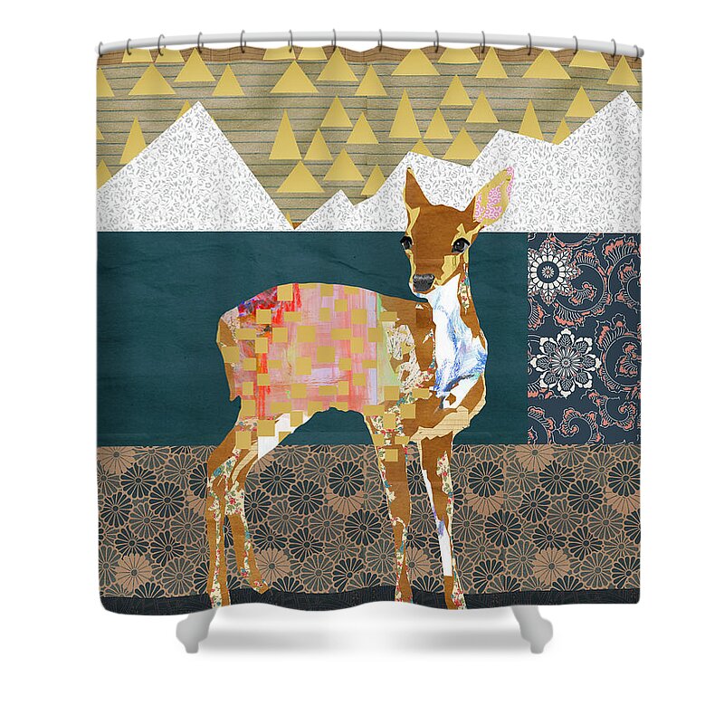 Fawn Collage Shower Curtain featuring the mixed media Fawn Collage by Claudia Schoen