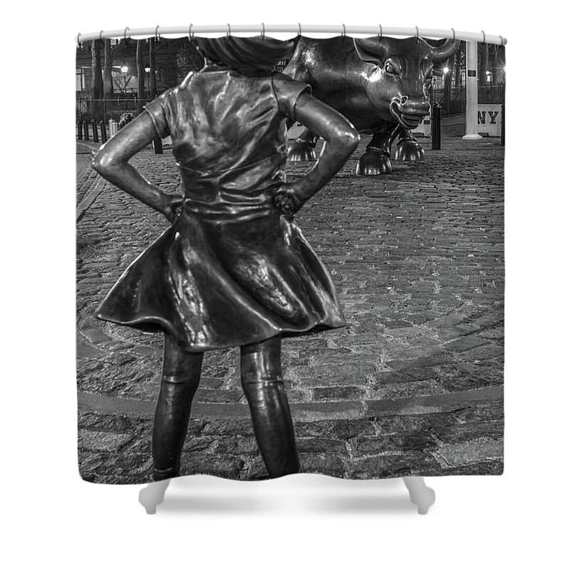 B&w Shower Curtain featuring the photograph Fearless Girl and Charging Bull NYC by John McGraw