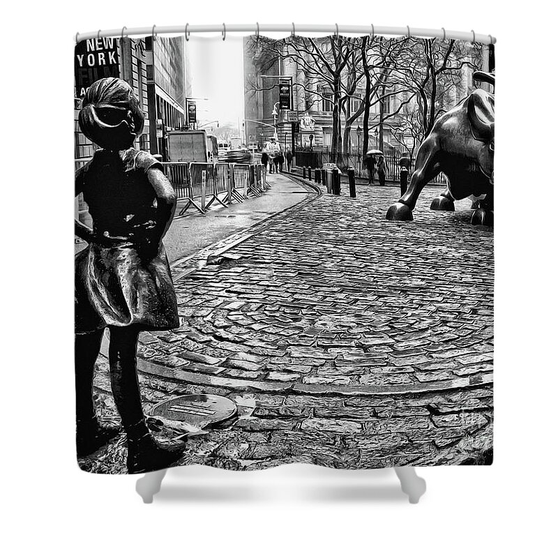 Fearless Girl Statue Shower Curtain featuring the photograph Fearless Girl and Wall Street Bull Statues 3 BW by Nishanth Gopinathan