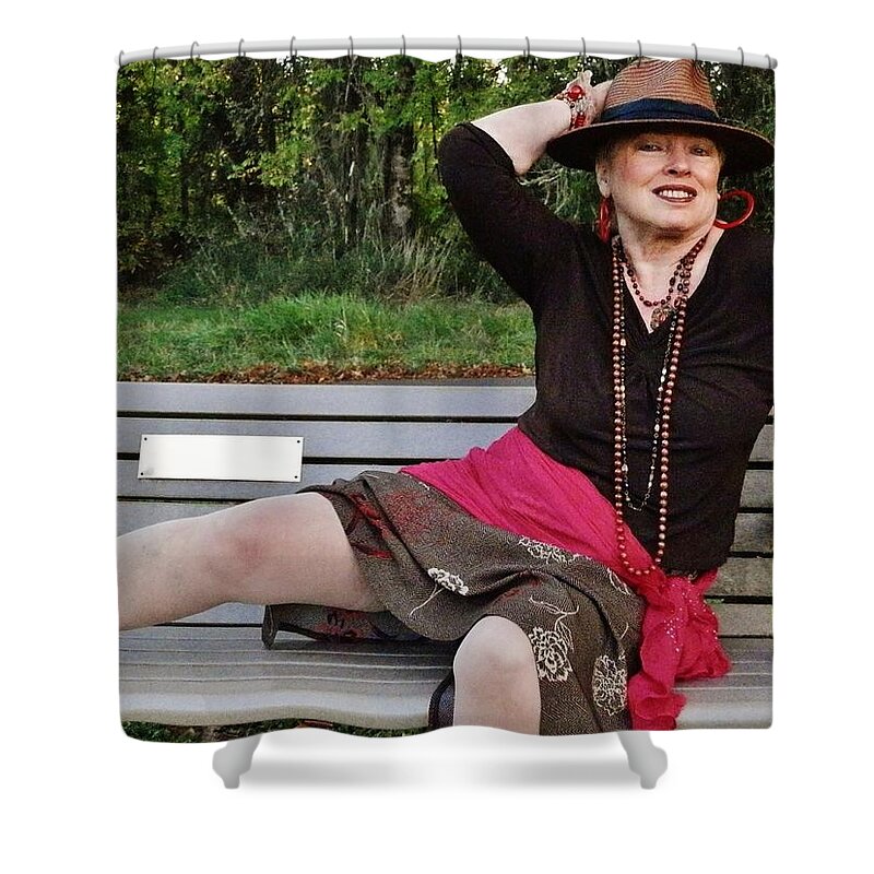 Portrait Shower Curtain featuring the photograph Feeling Jazzy in the Arts Park by VLee Watson