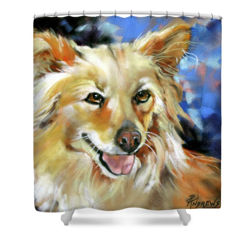 Dog Shower Curtain featuring the painting 'Fella' by Rae Andrews