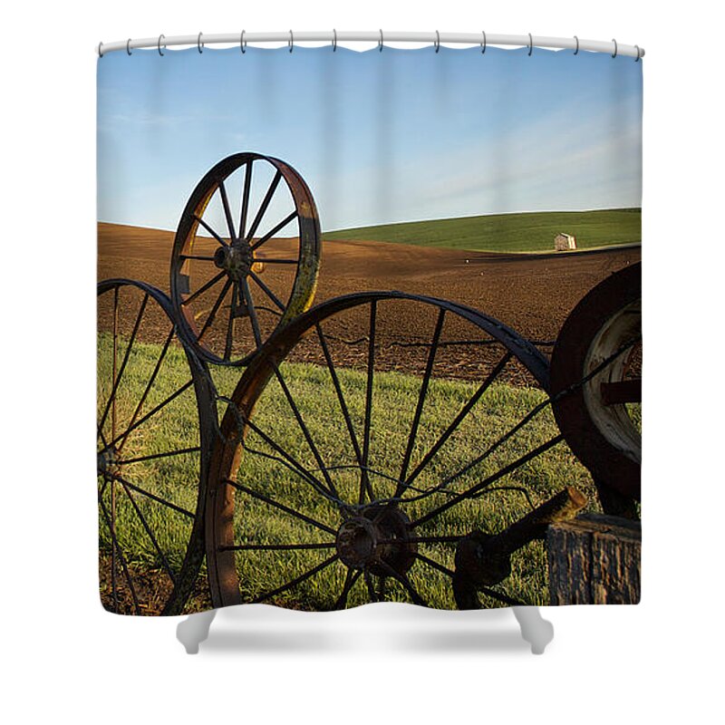 Palouse Shower Curtain featuring the photograph Fence of Wheels by Mary Lee Dereske