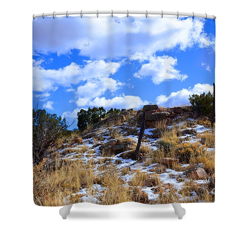 Southwest Landscape Shower Curtain featuring the photograph Fence Post by Robert WK Clark