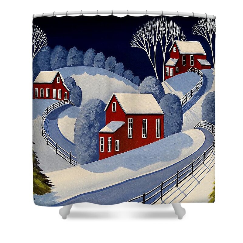 Winter Shower Curtain featuring the painting Fenced Roads - folk art winter landscape by Debbie Criswell