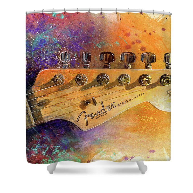 Fender Stratocaster Shower Curtain featuring the painting Fender Head by Andrew King