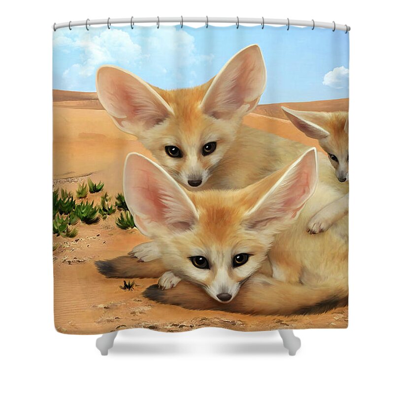 Fennec Fox Shower Curtain featuring the digital art Fennec Foxes by Thanh Thuy Nguyen