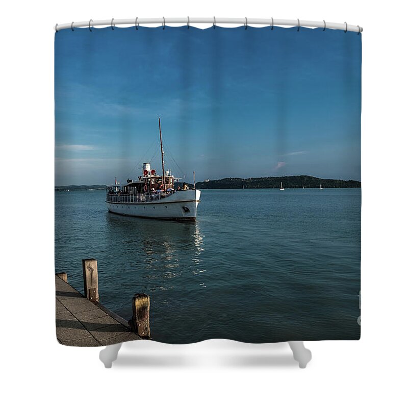 Approach Shower Curtain featuring the photograph Ferry Ship approaches Harbor on Lake Balaton in Hungary by Andreas Berthold