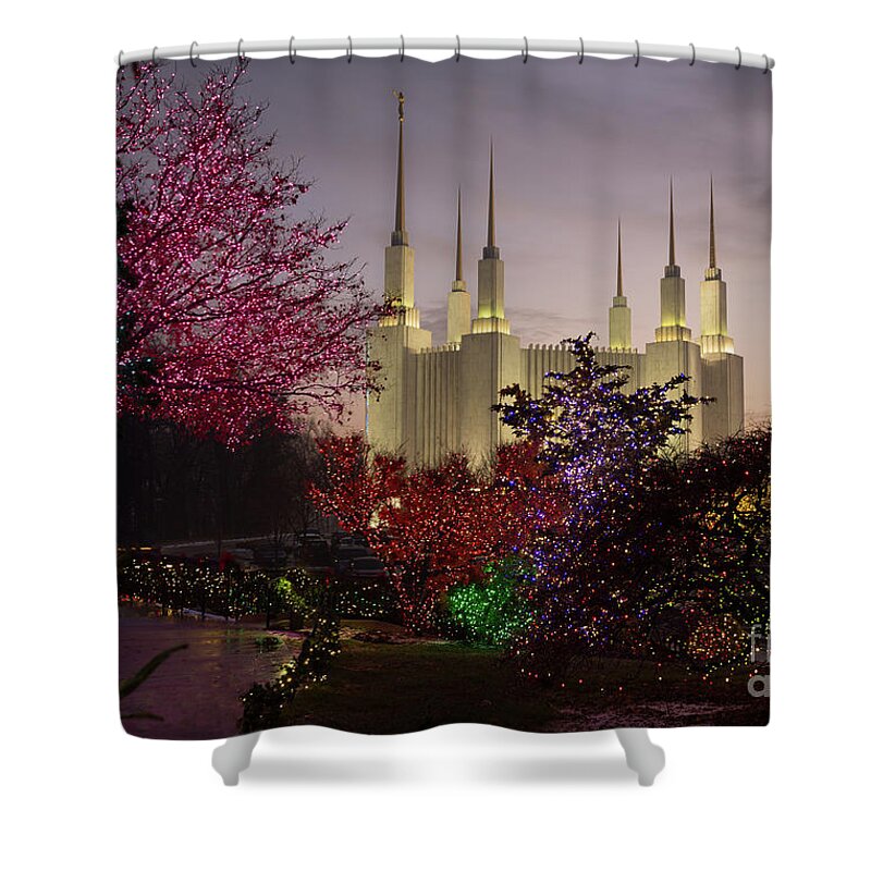 Latter Day Saints Temple Shower Curtain featuring the photograph Festival of Lights by Art Cole