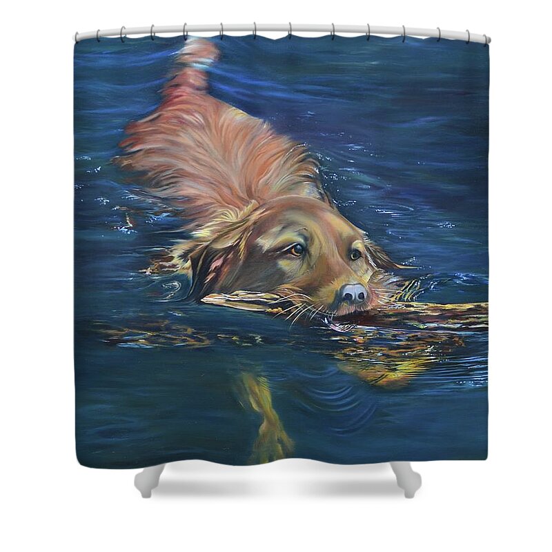 #swim #swimming #lab #retriever #dogs #dog #lake #lakes #labs #stick #fetching #landscape #blue #lakes #cottage #canada #happy #waterscapes Shower Curtain featuring the painting Fetching The Stick by Stella Marin