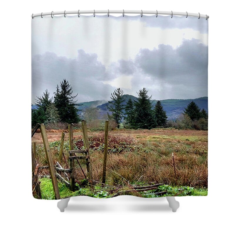 A Slight Mist Or Fog Veils Parts Of Distant Hills Beneath Troubled Skies. Shower Curtain featuring the photograph Field, Clouds, Distant Foggy Hills by Chriss Pagani