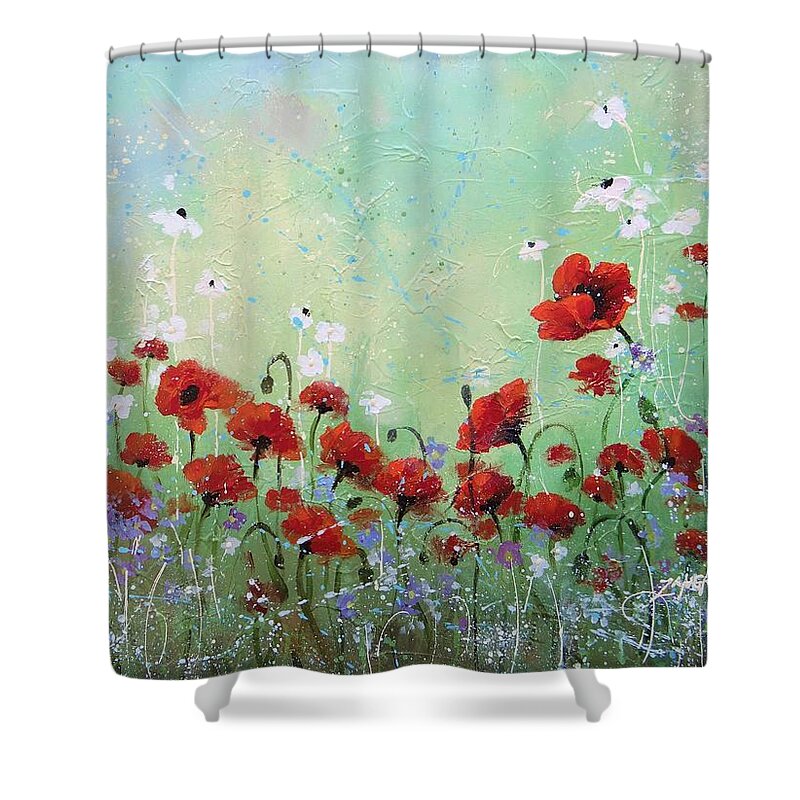 Poppies Shower Curtain featuring the painting Field of Imagination two by Laura Lee Zanghetti