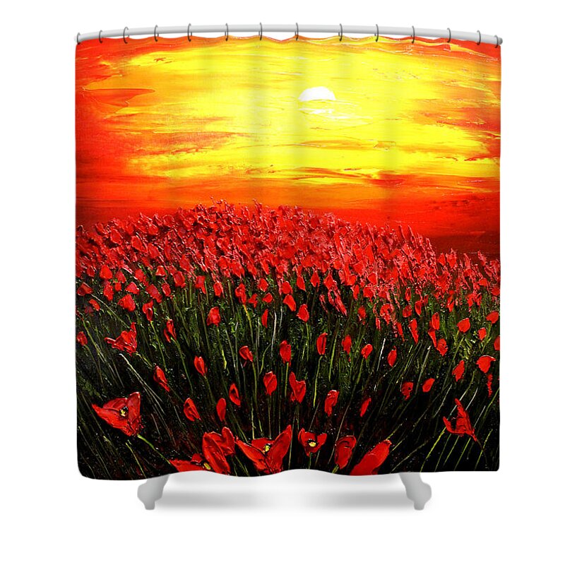  Shower Curtain featuring the painting Field Of Red Poppies At Dusk #1 by James Dunbar