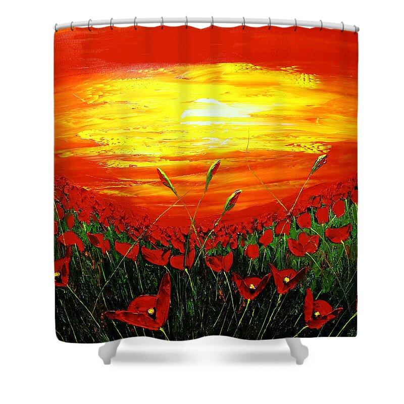 Shower Curtain featuring the painting Field Of Red Poppies At Dusk #2 by James Dunbar