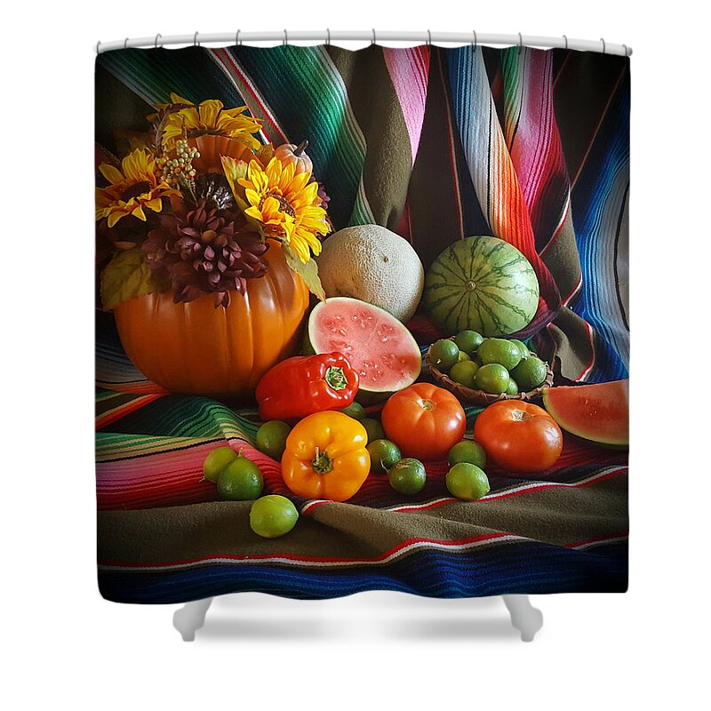Fall Harvest Shower Curtain featuring the painting Fiesta Fall Harvest by Marilyn Smith