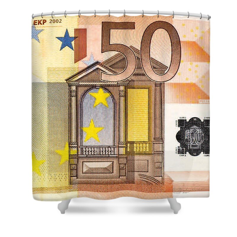 'paper Currency' By Serge Averbukh Shower Curtain featuring the digital art Fifty Euro Bill by Serge Averbukh