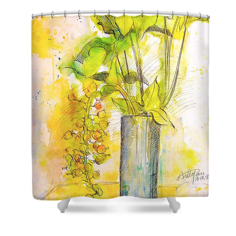 Fig Shower Curtain featuring the painting Fig Flower leaves- ArtToPan -still life watercolor color sketch by Artto Pan