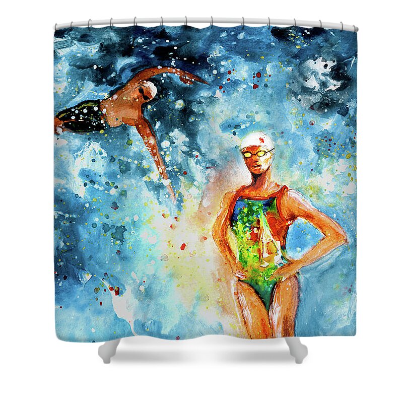 Sports Shower Curtain featuring the painting Fighting Back by Miki De Goodaboom