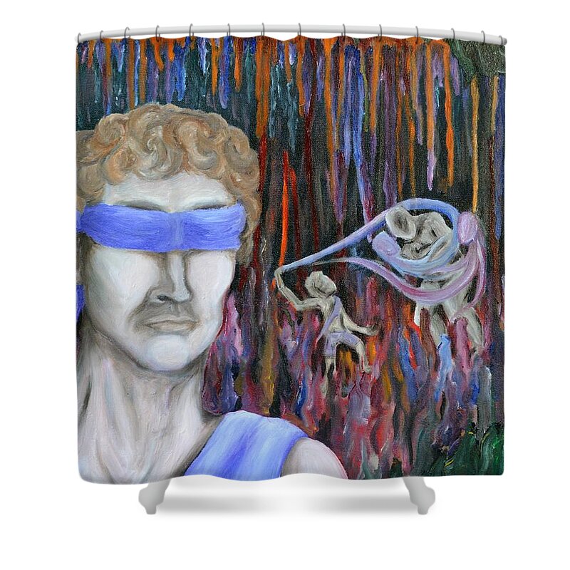 David Shower Curtain featuring the painting Fighting the inner Goliath by Meganne Peck