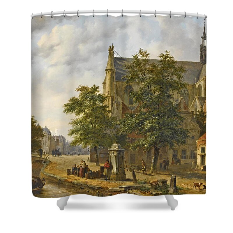 Bartholomeus Johannes Van Hove Shower Curtain featuring the painting Figures near a Church in a Dutch Town by Bartholomeus Johannes van Hove