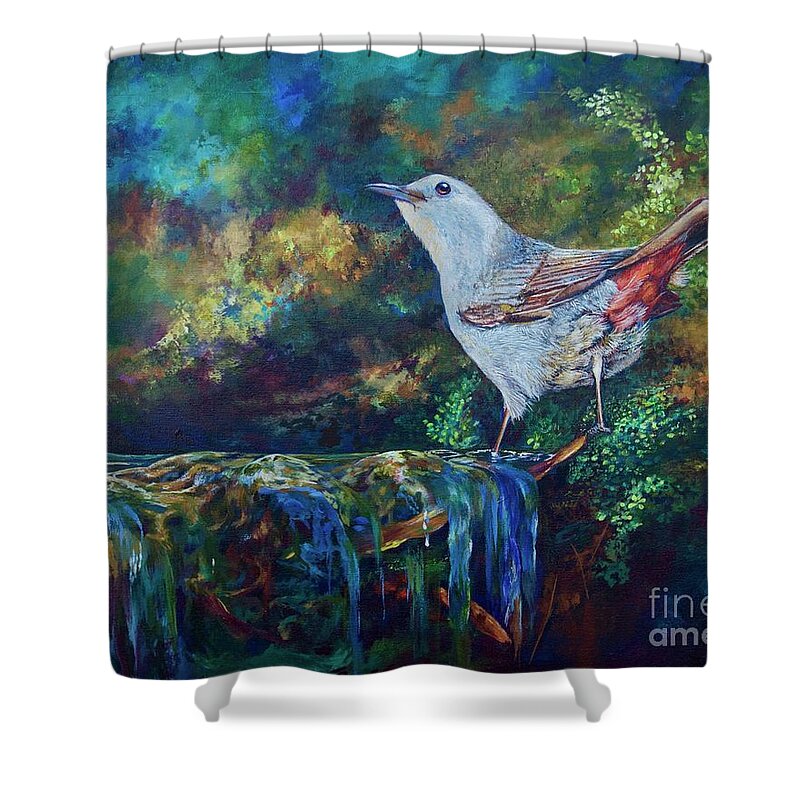 Waterfall Shower Curtain featuring the painting Gray Catbird by AnnaJo Vahle