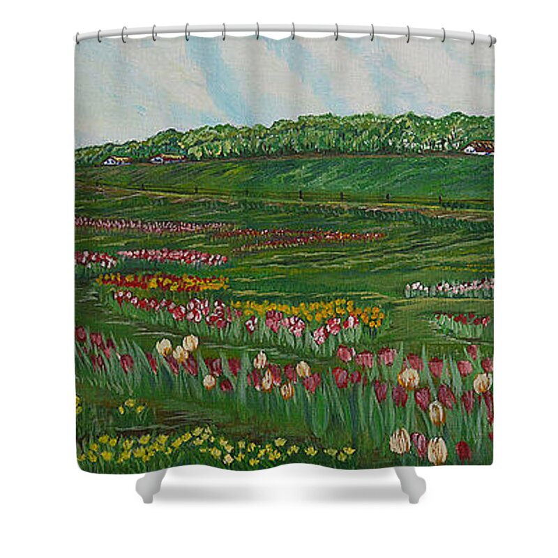 Building Shower Curtain featuring the painting Spring in Emmental by Felicia Tica