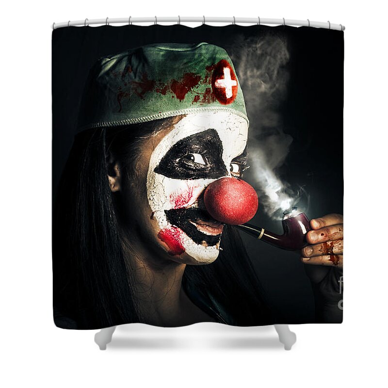 Clown Shower Curtain featuring the photograph Fine art horror portrait. Smoking surgeon clown by Jorgo Photography