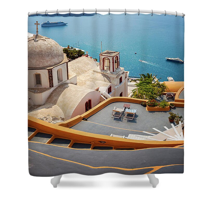 Cyclades Shower Curtain featuring the photograph Fira town Santorini by Sophie McAulay
