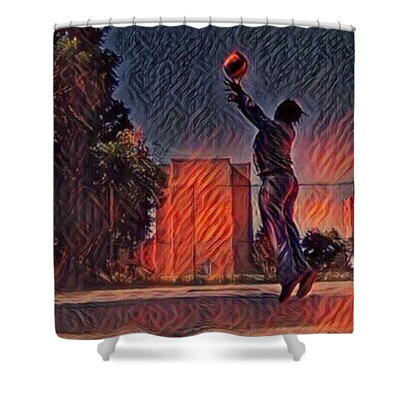 Fire Ball Basketball Shot Hops The City Urban Flame Burning Lessons Test Best Excellent Leader Role Model Athlete Sports Game Name Shower Curtain featuring the mixed media Fire Hopps by Dana McCarroll