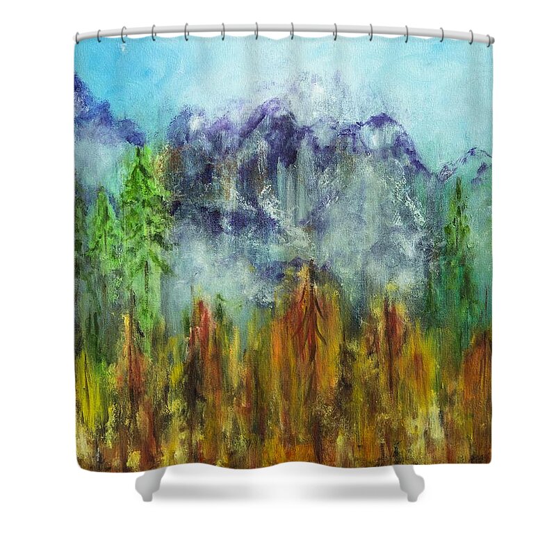 Landscape Shower Curtain featuring the painting Fire in Glacier Park by Lucille Valentino