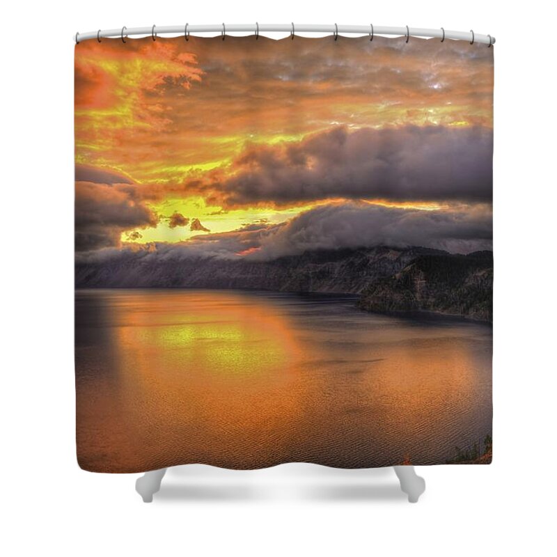 Crater Lake National Park Shower Curtain featuring the photograph Fire in the Lake #1 by Don Mercer