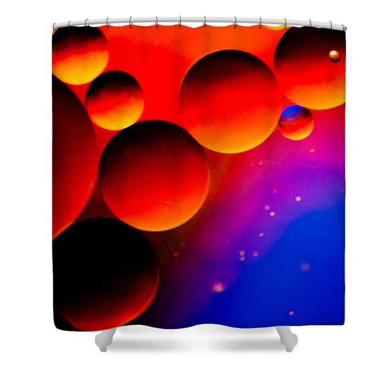 Oil And Water Moons Space Macro Closeup Orange Blue Studio Image Black Bruce Pritchett Photography Shower Curtain featuring the photograph Fire Moons by Bruce Pritchett