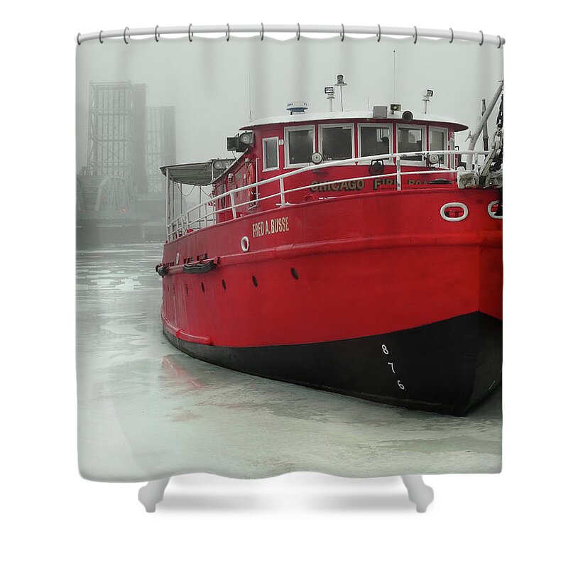 Sturgeon Bay Shower Curtain featuring the photograph Fireboat in Winter Fog by David T Wilkinson