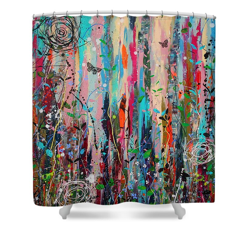 Flowers Shower Curtain featuring the painting Fireflies and Wild things detail by Angie Wright