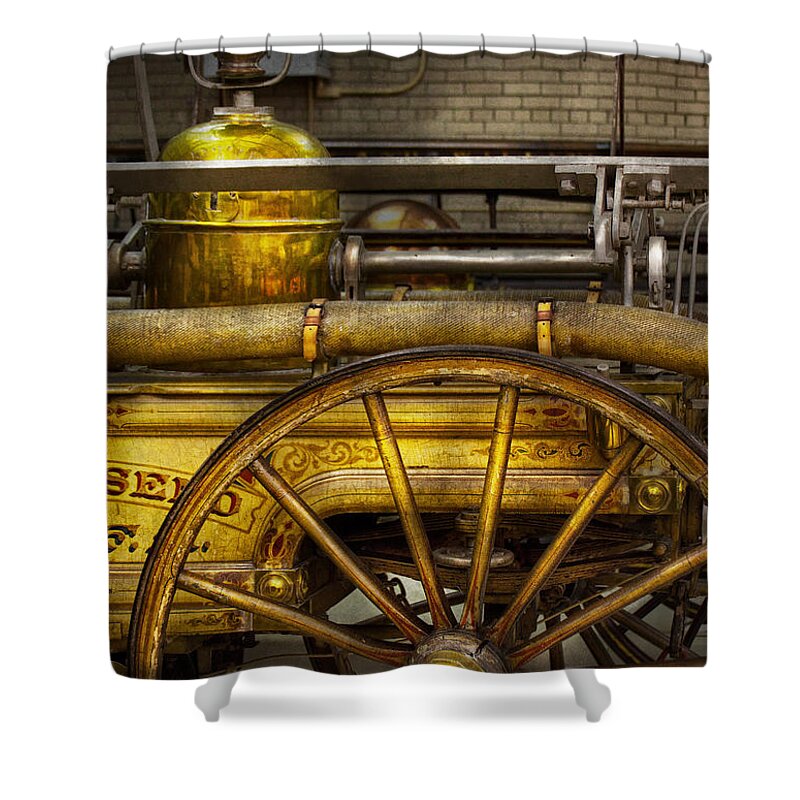 Fireman Shower Curtain featuring the photograph Fireman - Piano Engine - 1855 by Mike Savad