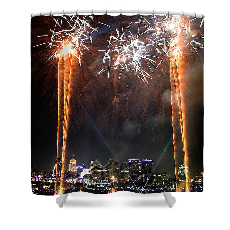 Cincinnati Shower Curtain featuring the photograph Fireworks over Cincinnati by Keith Allen
