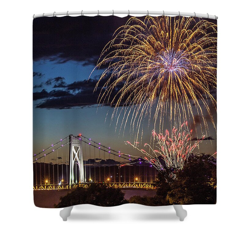 Hudson Valley Shower Curtain featuring the photograph Fireworks Over the Mid - Hudson Bridge by John Morzen