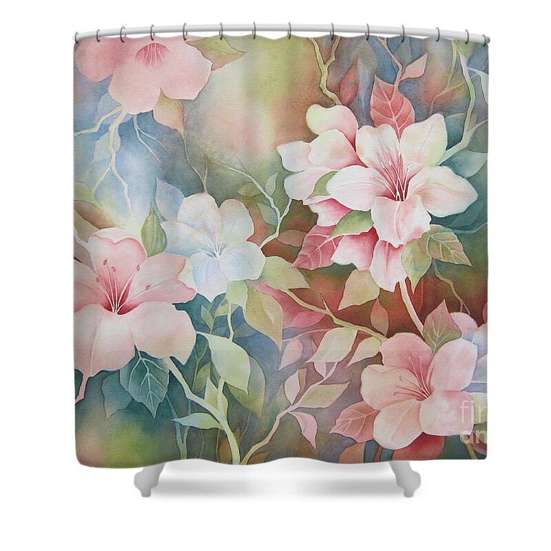 Hibiscus Shower Curtain featuring the painting First Blush by Deborah Ronglien