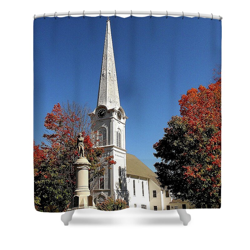 Church In Manchester Shower Curtain featuring the photograph First Congregational Church and Ethan Allen Revolutionary War Patriot Statue in Manchester Vermont by Linda Stern