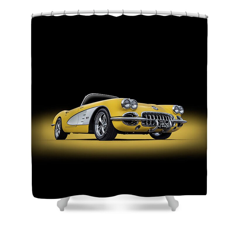 Corvette Shower Curtain featuring the digital art 1960 Yellow and White Corvette Convertible by Douglas Pittman