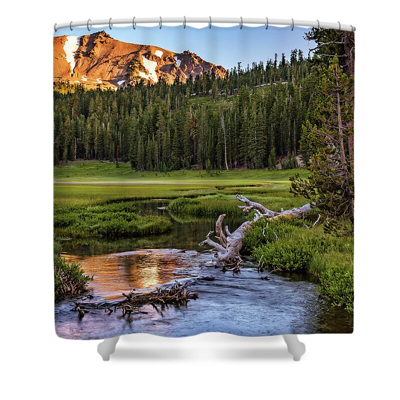 Af Zoom 24-70mm F/2.8g Shower Curtain featuring the photograph First Light on Lassen from Upper Meadow by John Hight