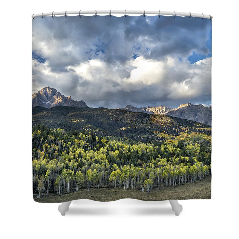 Autumn Shower Curtain featuring the photograph First Light on the Sneffels Range by Denise Bush