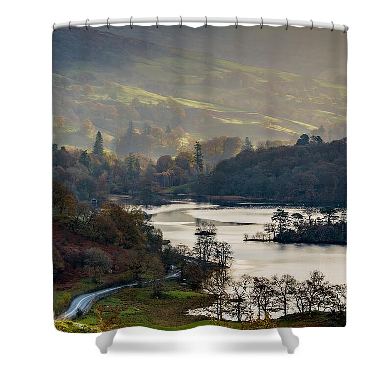 Autumn Shower Curtain featuring the photograph First light over Rydal Water in the Lake District by Neil Alexander Photography