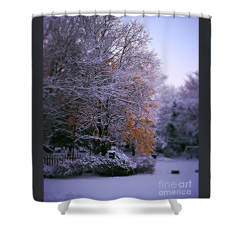 Gold Leaves Shower Curtain featuring the photograph First Snow After Autumn by Frank J Casella