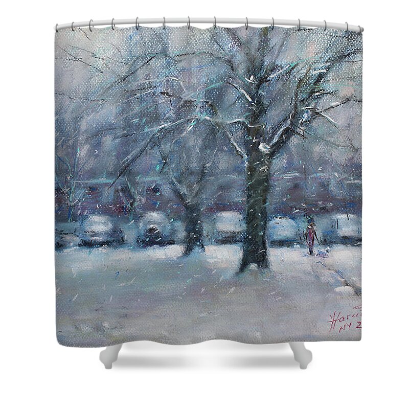 Snowfall Shower Curtain featuring the painting First Snowfall 2017 by Ylli Haruni