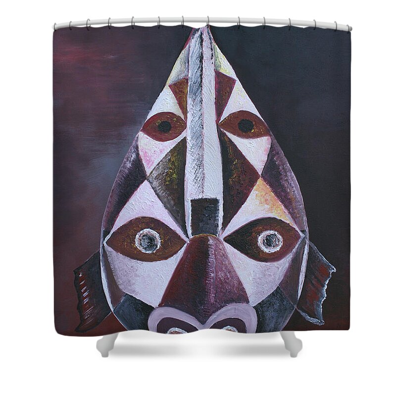 Oil On Canvas Shower Curtain featuring the painting Fish Mask by Obi-Tabot Tabe