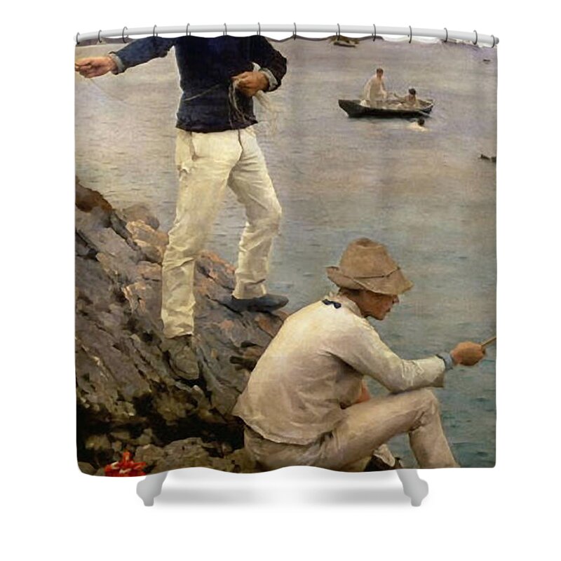 Fisher Shower Curtain featuring the painting Fisher Boys by Henry Scott Tuke
