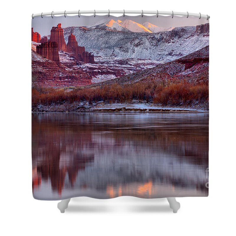 Fisher Towers Shower Curtain featuring the photograph Fisher Towers Fading Sunset by Adam Jewell