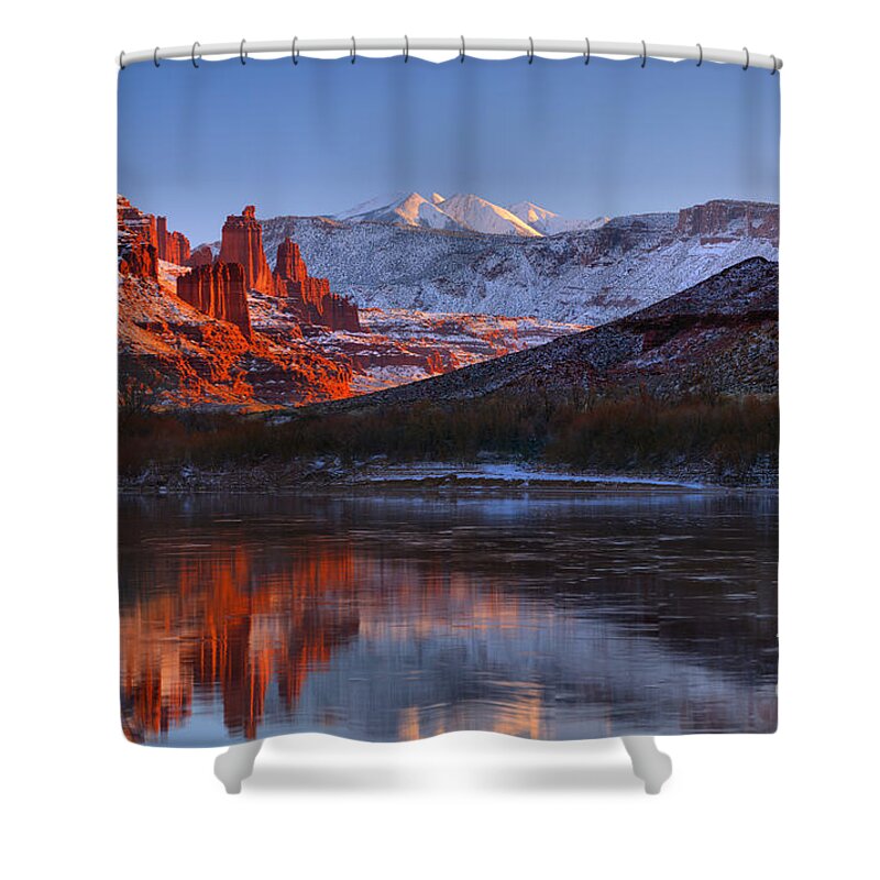 Fisher Towers Shower Curtain featuring the photograph Fisher Towers Glowing Reflections by Adam Jewell