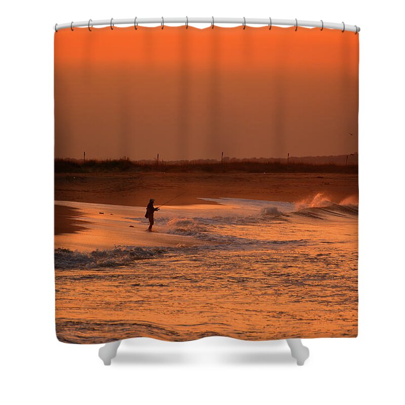 Sandy Hook Fishing Beach Shower Curtain featuring the photograph Fisherman at Sandy Hook Fishing Beach by Raymond Salani III